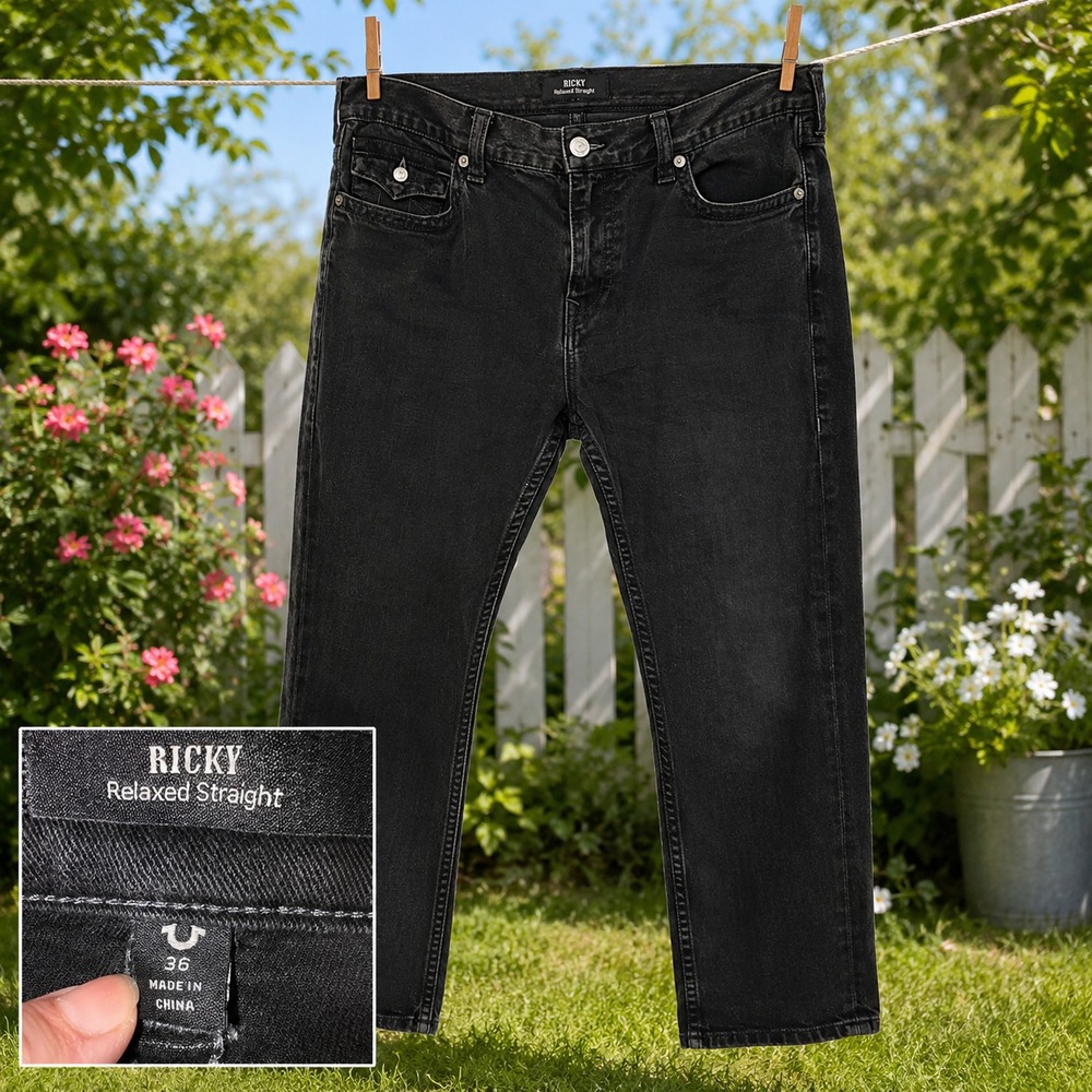 True Religion Ricky Relaxed Straight Jeans Mens 36 Black Denim 27.5 Inseam